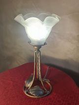 lampe fer nickelé 1900 a 20 tulipe verre papillon 32x16