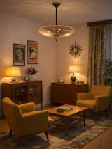 Suspension vintage 1950 coupole verre rose plafonnier - 39 x
