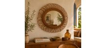 Miroir vintage 1960 soleil fleur rotin osier - 68 x 58 cm