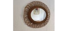 Miroir vintage 1960 soleil fleur rotin osier - 68 x 58 cm