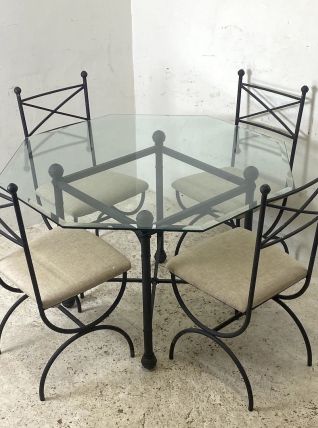 Ensemble salle à manger fer et verre octogonal biseauté