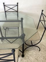 Ensemble salle à manger fer et verre octogonal biseauté