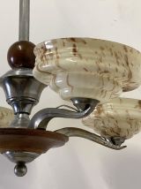 Lustre art déco en bois métal chromé et verre
