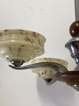 Lustre art déco en bois métal chromé et verre