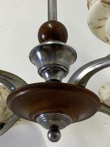 Lustre art déco en bois métal chromé et verre