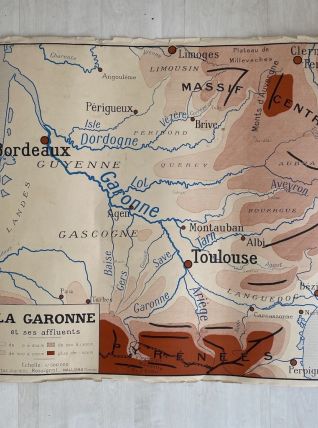 Carte scolaire vintage recto verso "La Garonne / le Rhone