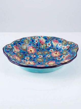 Émaux de Longwy – Important plat lobé à décor floral polychr