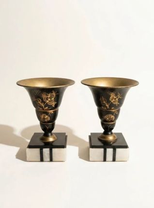 Paire de cassolettes Art Déco en laiton émaillé – années 30