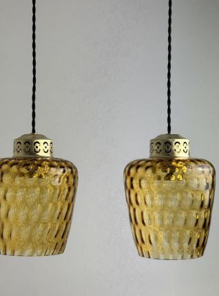 PAIRE D'ANCIENNES SUSPENSIONS VERRE TEXTURÉ AMBRÉ VINTAGE