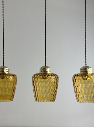 LOT 3 ANCIENNES SUSPENSIONS EN VERRE TEXTURÉ AMBRÉ VINTAGE