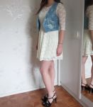 Gilet crochet bleu denim dos poches TU