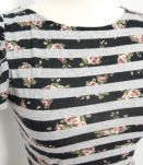 Tshirt top haut rayure gris fleur rose noir manches boules coton