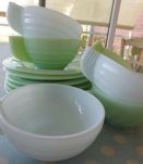 Ensemble de 6 tasses café et soucoupes opaline vert/bleu