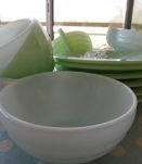 Ensemble de 6 tasses café et soucoupes opaline vert/bleu