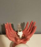lampe mains céramique vieux rose avec globe opaline blanche