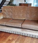 Canapé crapaud vintage à franges en velours couleur cognac