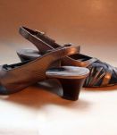 Vintage 80s sandales talons cuir bronze tulle noir abstrait 
