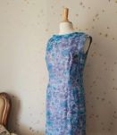 Vintage années 50 robe mousseline fleurie rose bleu blanc L