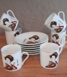 6 tasses à café et soucoupes, porcelaine Chine, Geisha
