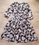 70s robe pierrot fleurs noir blanc S