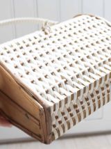 panier en rotin, bois et scoubidou tressé années 60