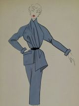 Croquis Mode 1950 / Tailleurs et robes bleus