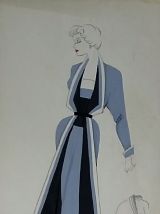 Croquis Mode 1950 / Tailleurs et robes bleus