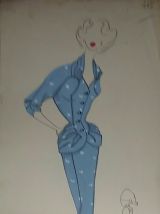Croquis Mode 1950 / Tailleurs et robes bleus