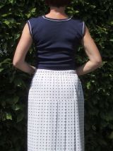  Impeccable jupe vintage Marcelle Griffon taille haute plis permanents T38-40 blanche à pois marine