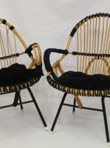 Paire fauteuils vintage année 60 rotin  finition corde.