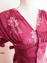 Robe longue manches papillons zip rose violine fleurie vintage 70s