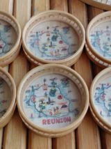 Plateau et sous verres en osier décor " île de la réunion " - Vintage