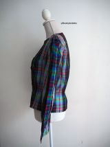 Chemisier peplum motif tartan épaules bouffantes vintage 50'