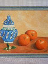 Peinture oranges et poires à l'huile sur toile .