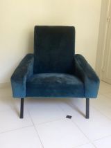 Fauteuil vintage en velours bleu canard