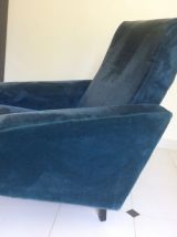 Fauteuil vintage en velours bleu canard