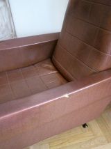 Fauteuil skaï marron pieds compas 1950's