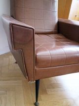 Fauteuil skaï marron pieds compas 1950's