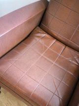 Fauteuil skaï marron pieds compas 1950's