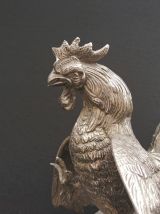 Sculpture de coq de combat en métal argenté