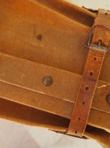 Valise à soufflets d'époque en tissu et lanières de cuir