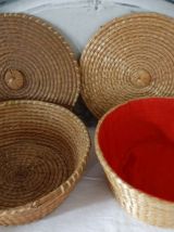 Vintage rotin boites à coudre ronde avec couvercle 