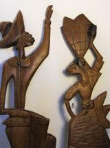 2 statuettes plates murales bois exotique art Africain 50/70