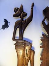2 statuettes plates murales bois exotique art Africain 50/70