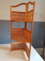 étagère d'angle bois et rotin vintage pliable des années 70