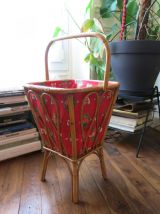 Travailleuse en rotin et tissu 60s