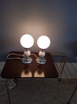paire de lampes boule opaline blanche mate et bois peint
