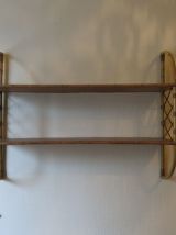 Grande étagère murale rotin &amp; bois 60s TBE