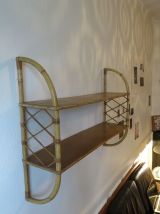 Grande étagère murale rotin &amp; bois 60s TBE