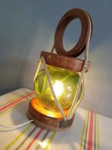 lampe vintage lanterne de pêcheur, globe verre, bois, corde